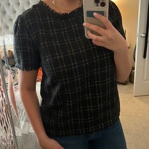 ANN TAYLOR Black Plaid Fringe Sleeve Blouse with Back-Tie - Size M